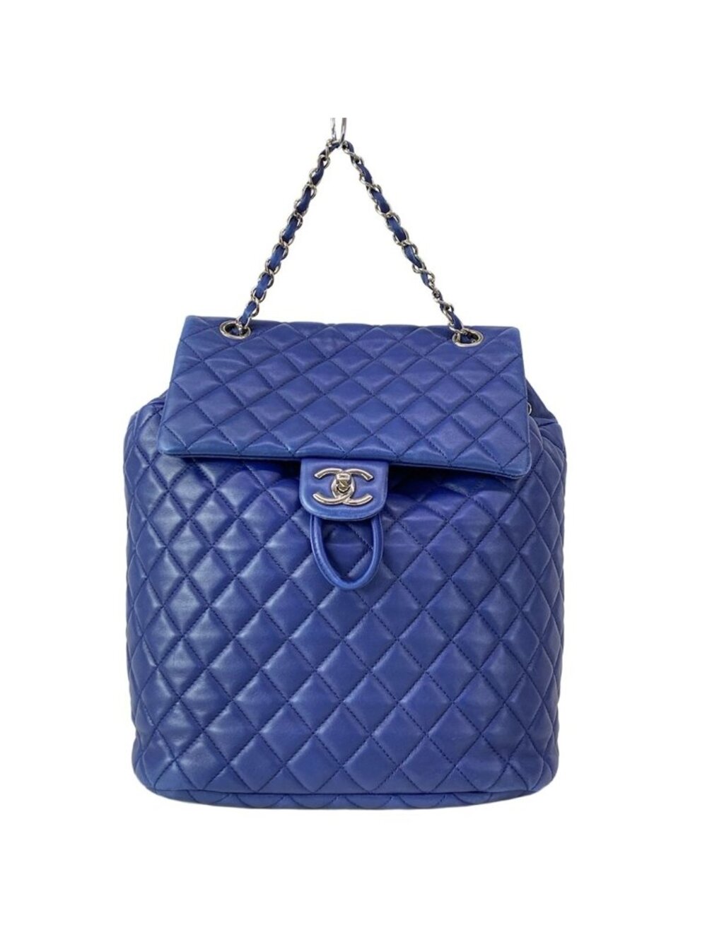 Chanel Backpack Quilted Blue Chain Shoulder Silver Drawstring Lambskin